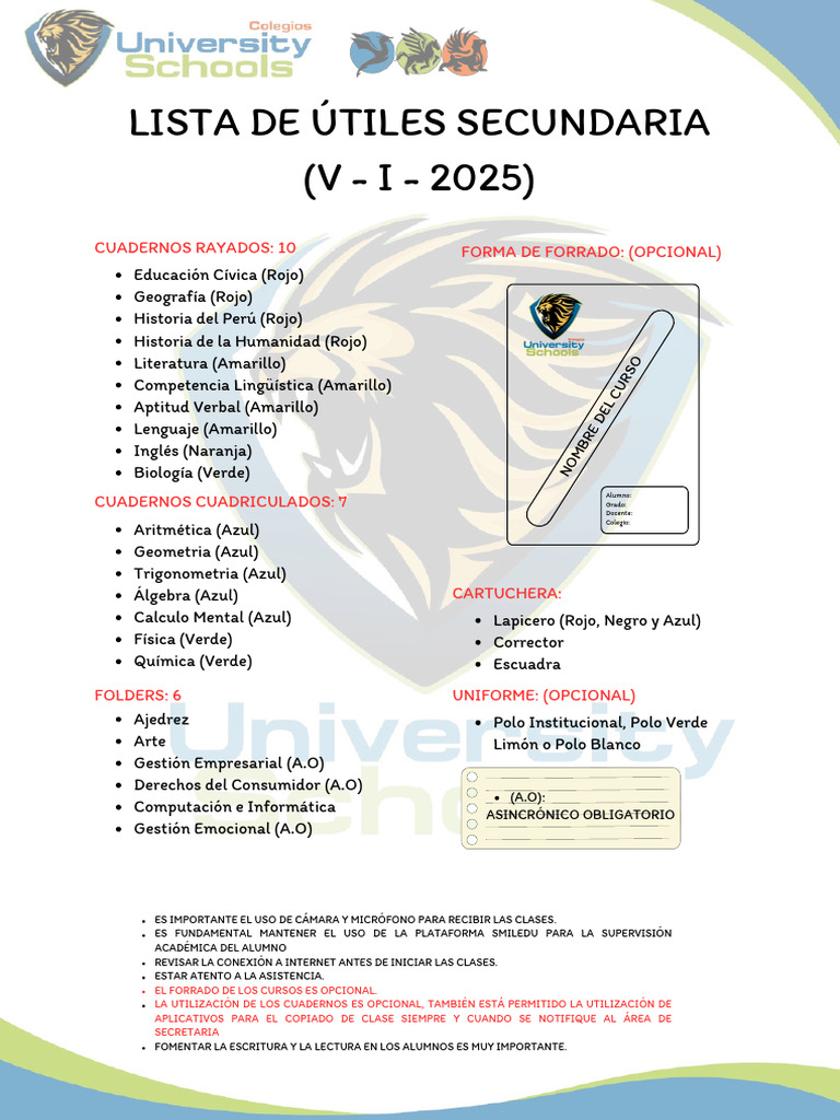 Lista de Útiles para Secundaria 2025 | PDF