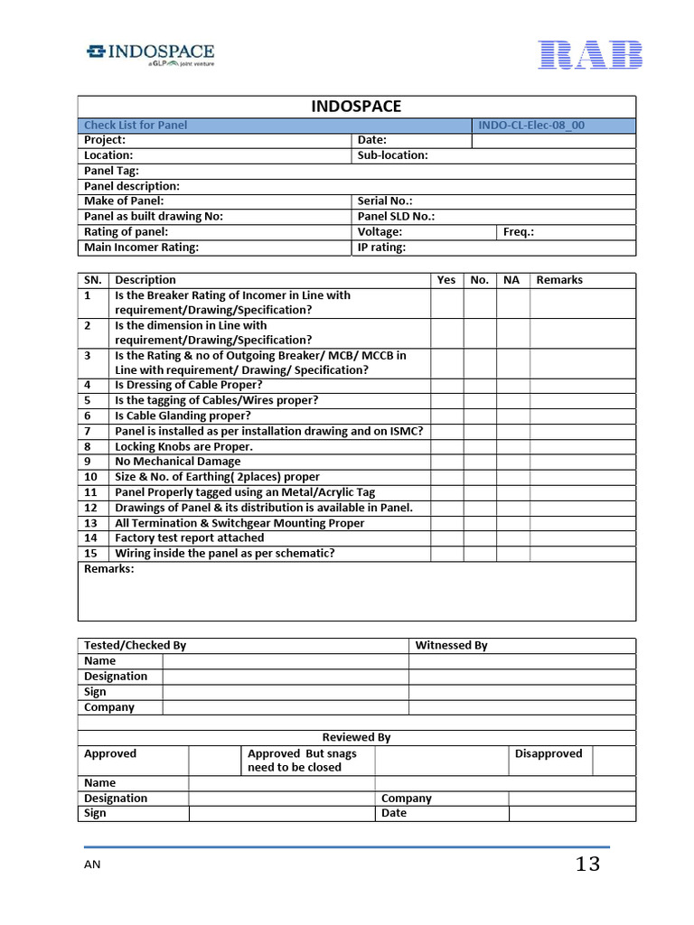 Indospace Panel Installation Checklist | PDF