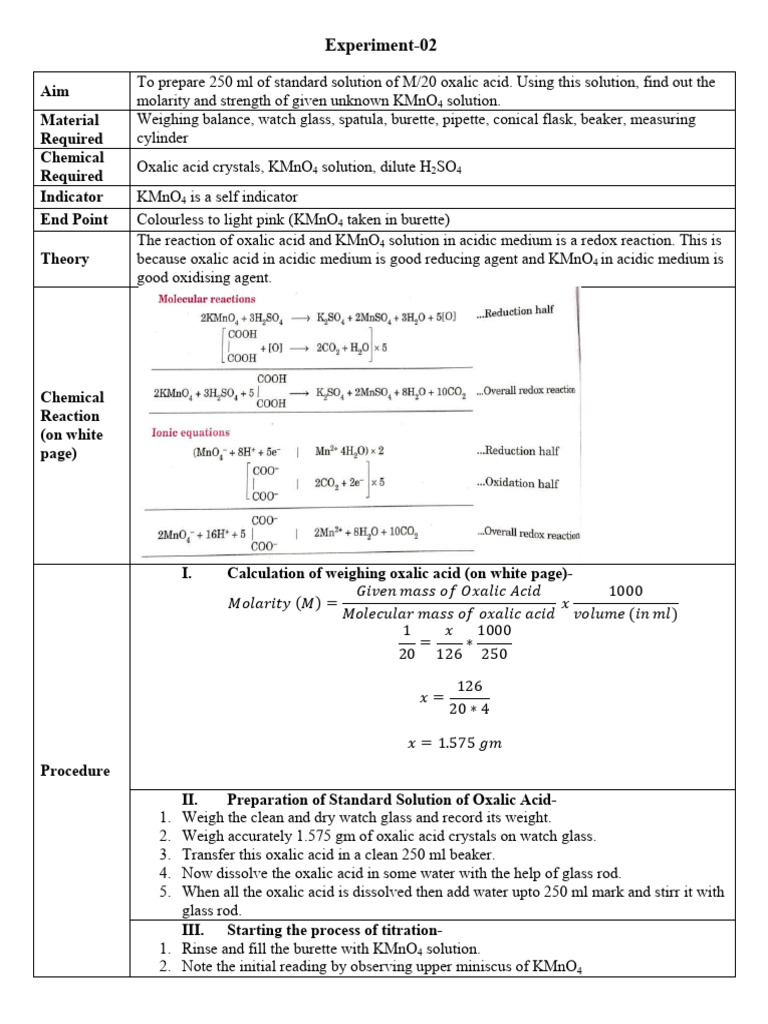 M/20 Oxalic Acid Titration Procedure | PDF | Titration | Chemistry