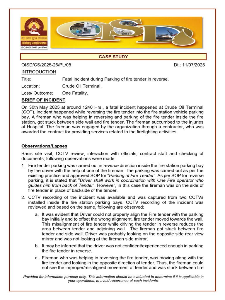 Fire Tender Parking Incident Case Study | PDF | Firefighter | Fire Engine