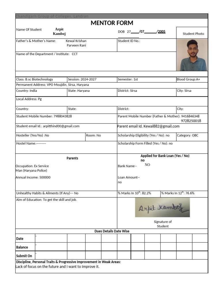 Chandigarh College Mentor Form | PDF