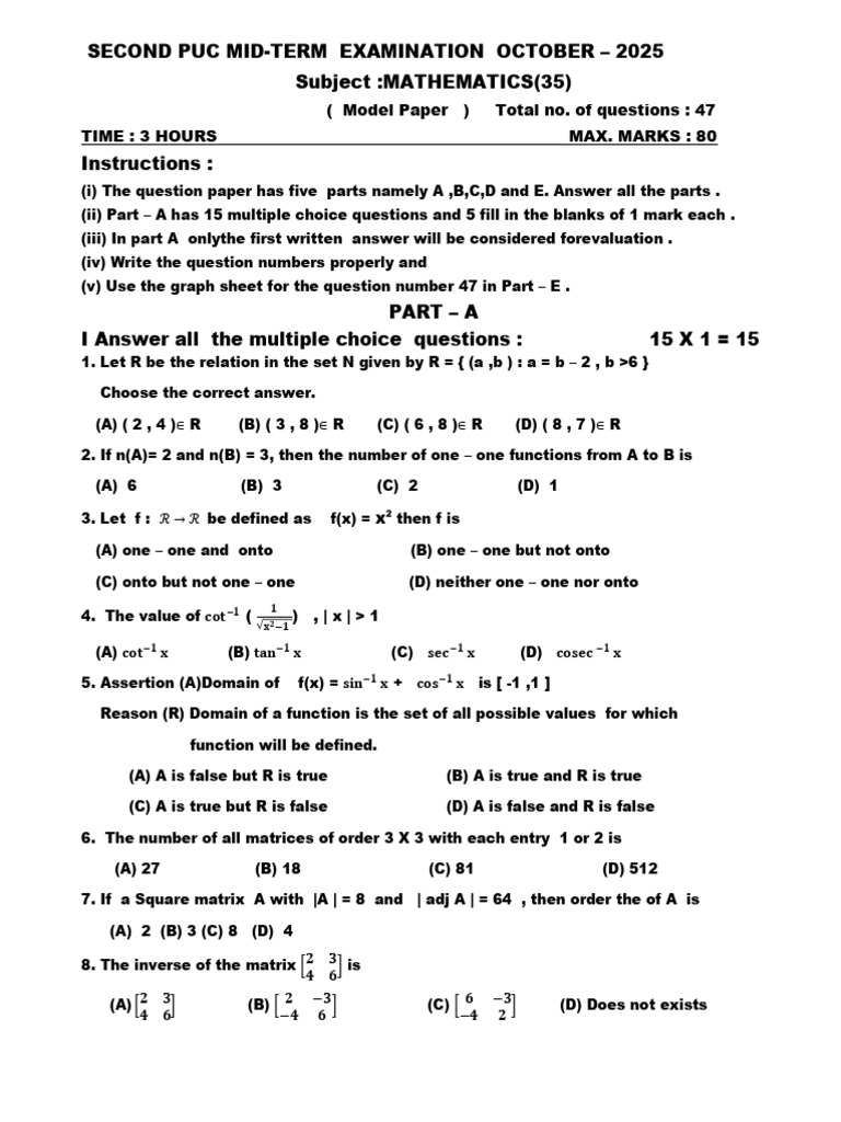 Second PUC Mathematics Model Paper 2025 | PDF | Matrix (Mathematics ...