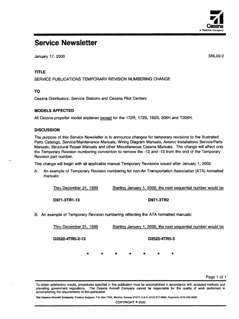 Cessna Manual Revision Numbering Update | PDF
