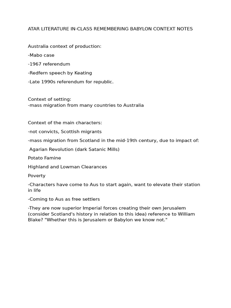 Atar Literature Remembering Babylon Context Class Notes | PDF