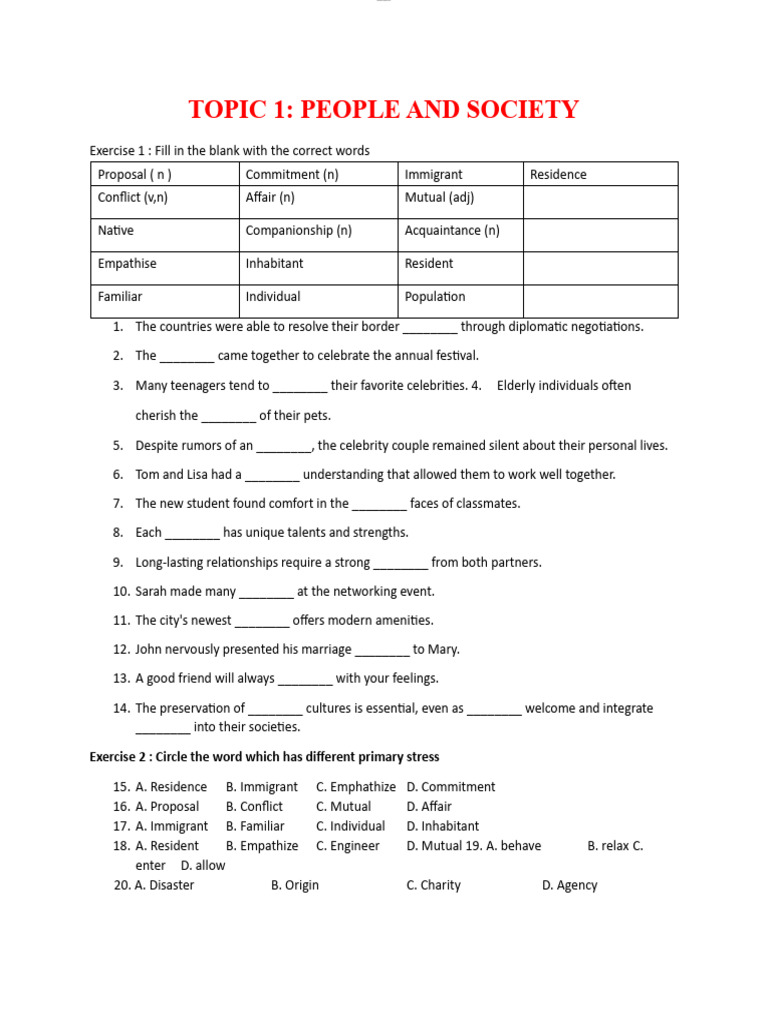 Topic 1 People and Society Worksheet Exercises and Activities Mon Engl ...