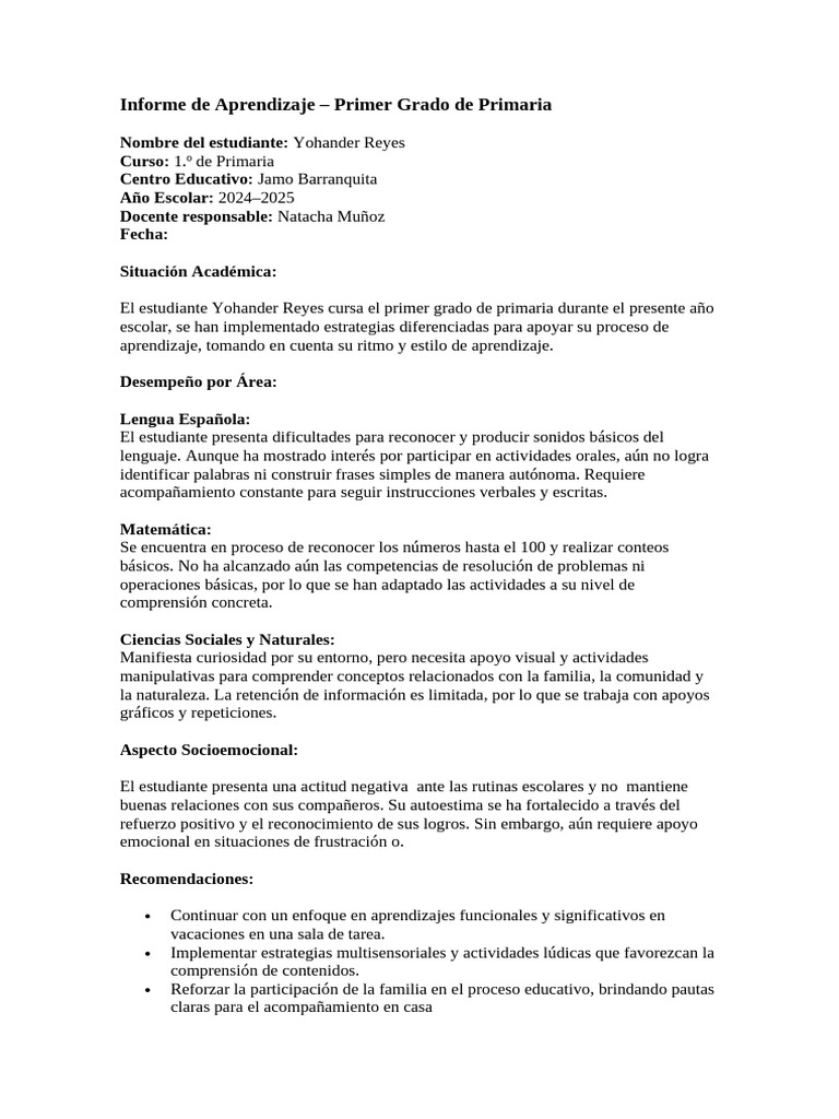 Informe de Aprendizaje Primer Grado 2024-2025 | PDF | Educación ...