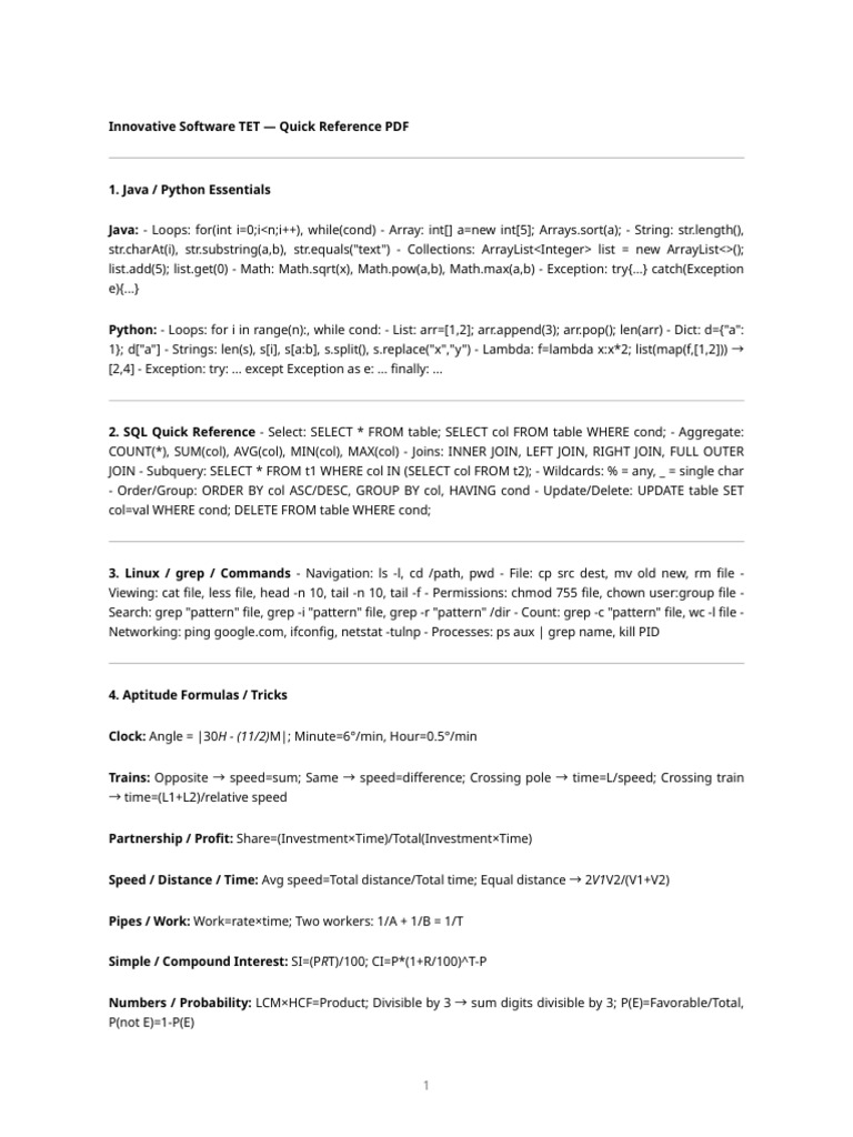 Software & Aptitude Quick Reference Guide | PDF | Computer Programming