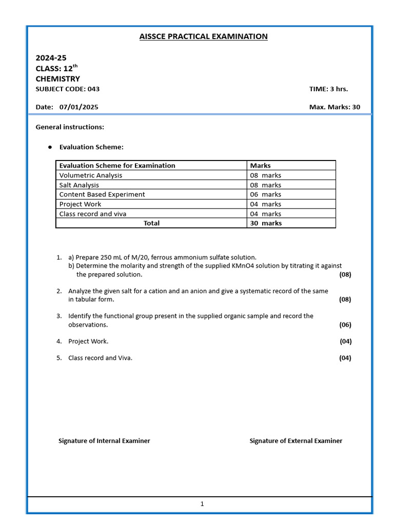 AISSCE Class 12 Chemistry Practical Exam 2025 | PDF
