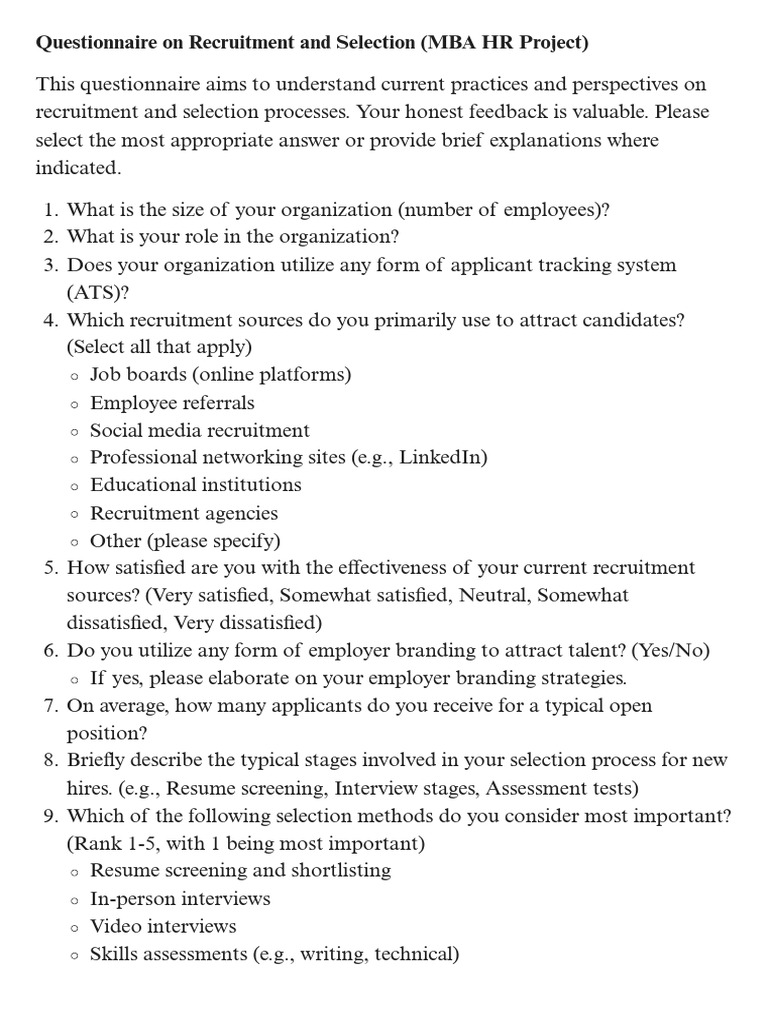 Recruitment and Selection Questionnaire | PDF | Recruitment