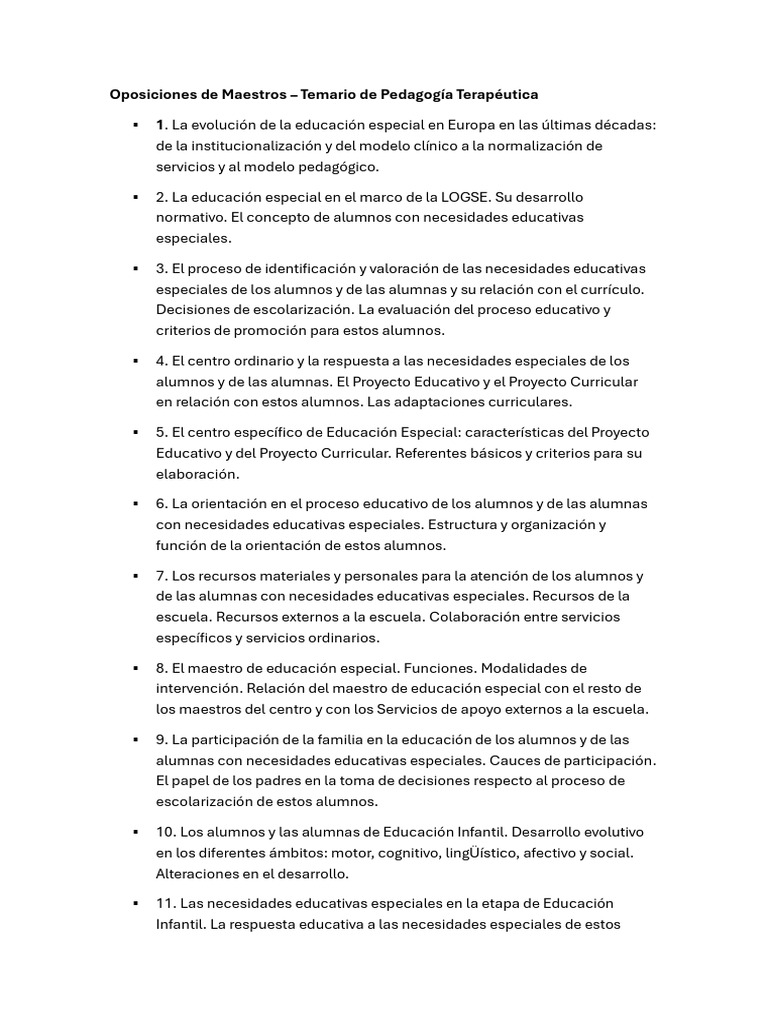 Temario Oposiciones Maestros Pedagogía | PDF | Educación especial ...
