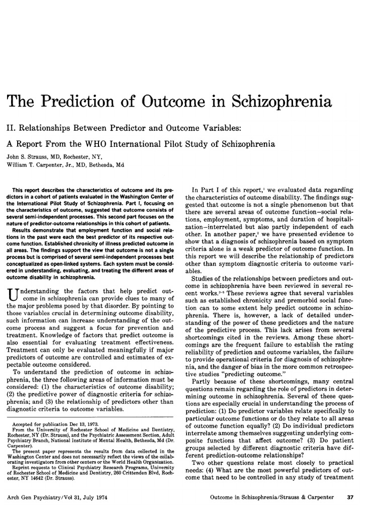 The Prediction of Outcome in Schizophrenia Predictor and Outcome ...