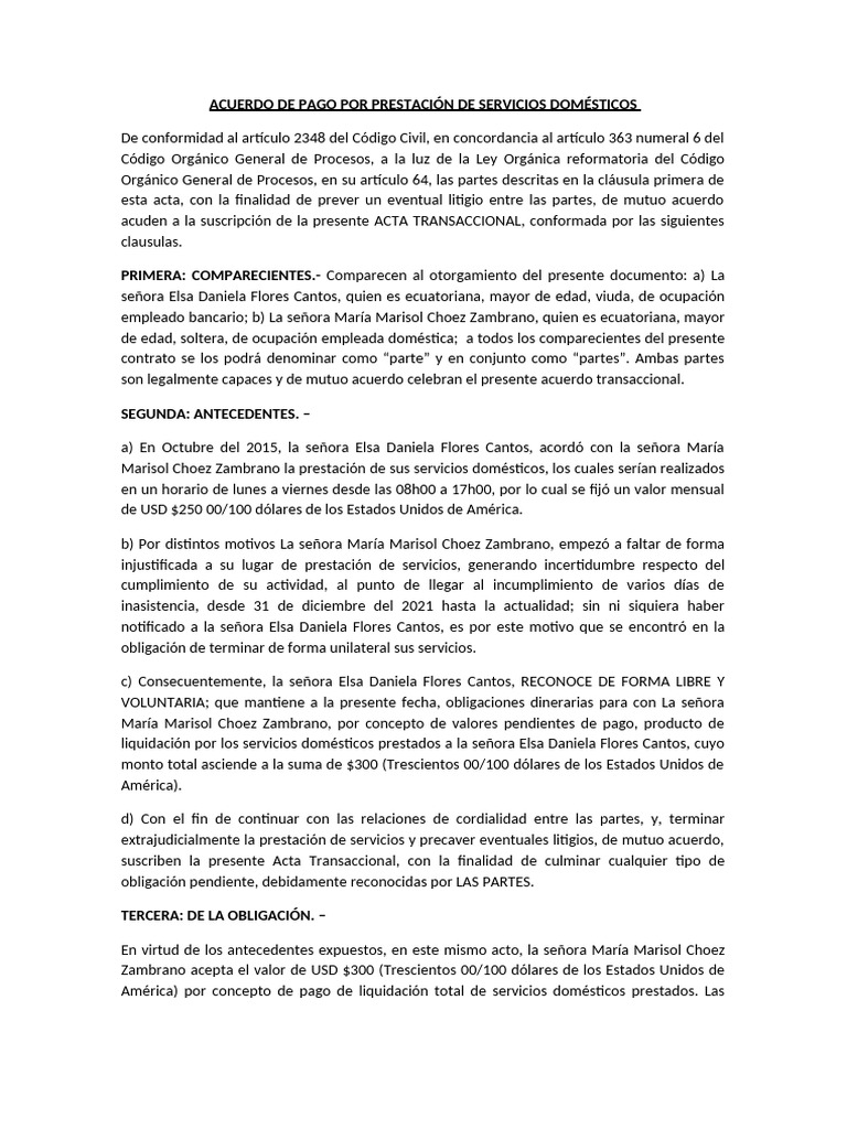 Acuerdo de Pago por Servicios Domésticos | PDF | Justicia | Crimen y