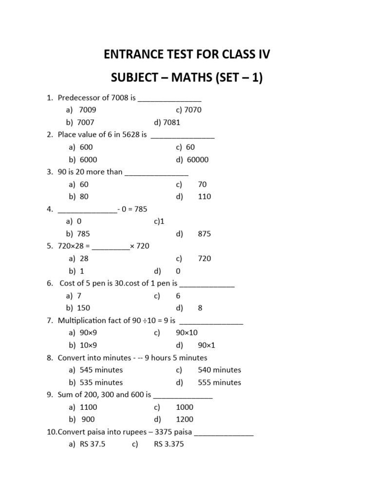 Class IV Maths Entrance Test Set 1 | PDF | Chess Openings | Chess Theory