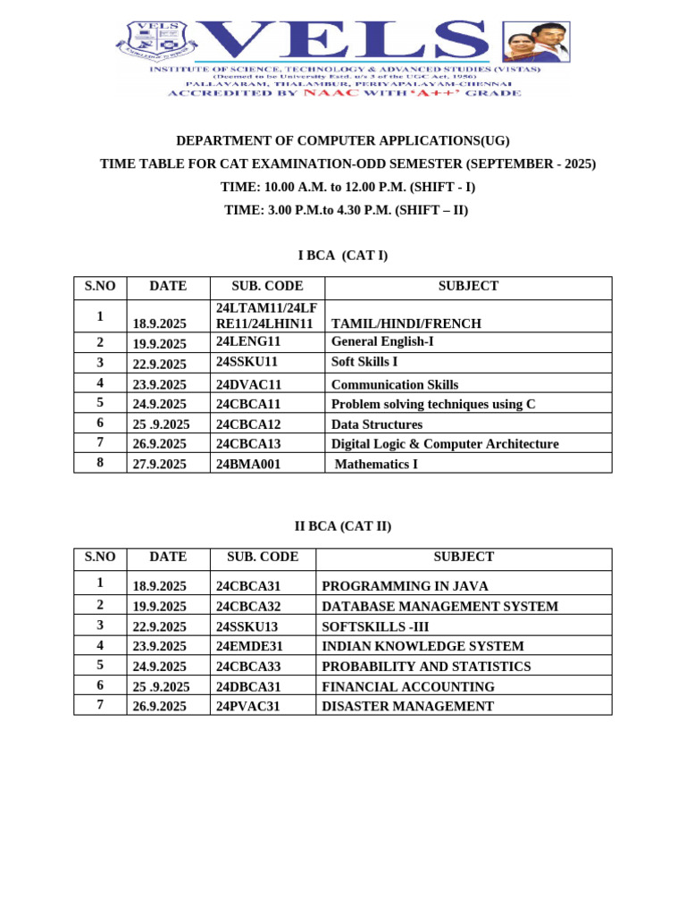 BCA Odd Semester CAT Exam Timetable 2025 | PDF