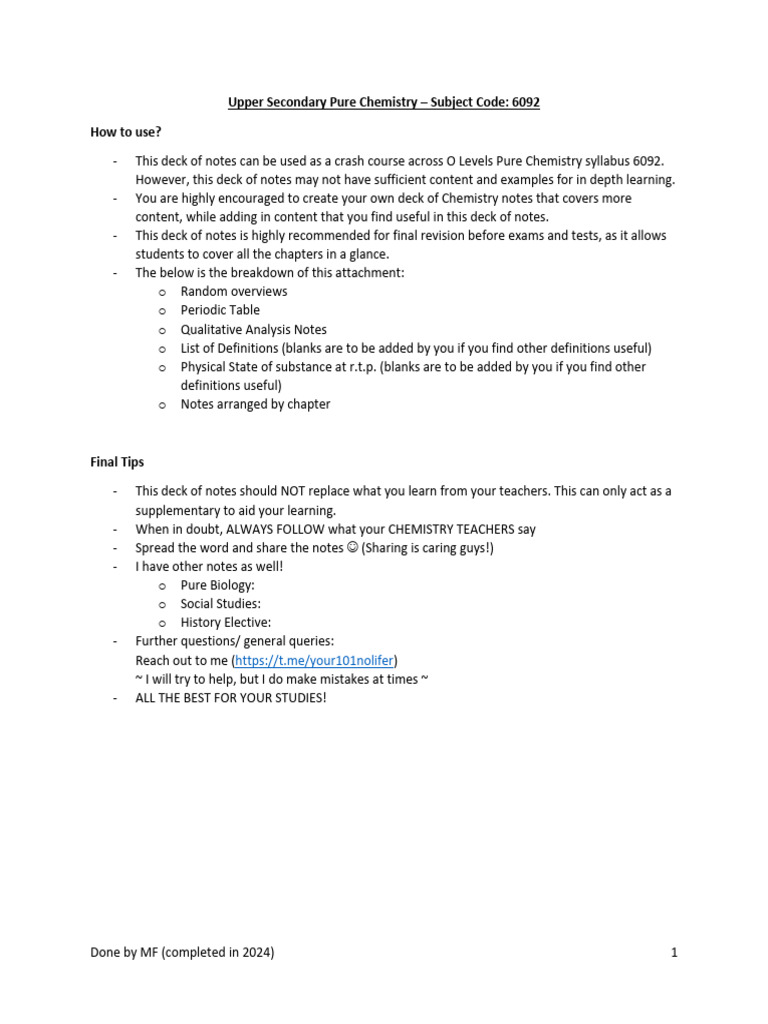 O Level Pure Chemistry Revision Notes | PDF | Hydroxide | Chemical ...