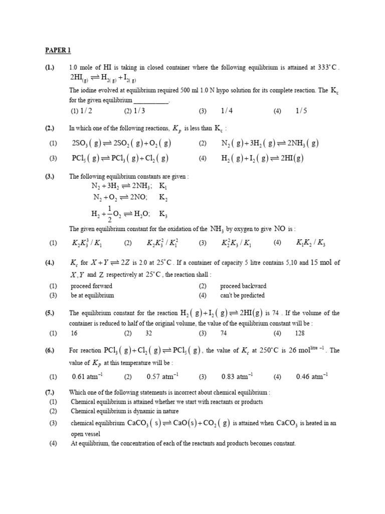 Equilibrium Question Bank | PDF | Chemical Equilibrium | Dissociation ...
