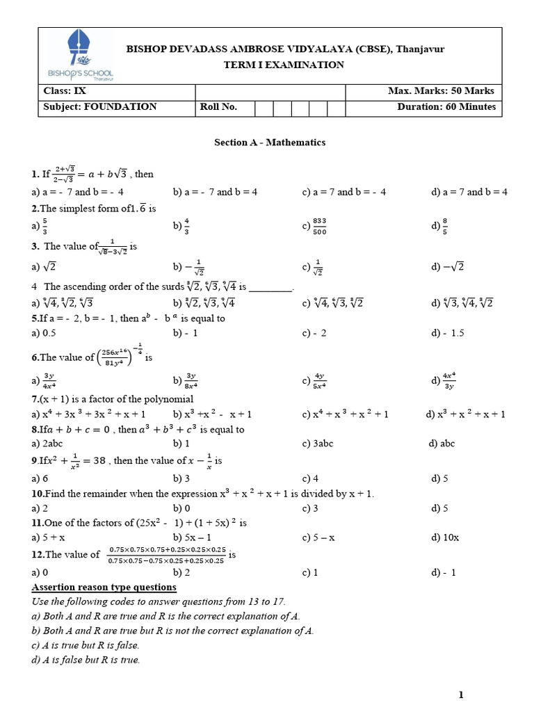 BDAV Math Grade IX Foundation QP 2025 | PDF | Cell (Biology) | Polynomial