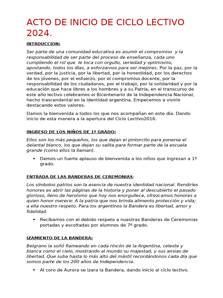 Acto de Inicio Ciclo Lectivo 2024 | PDF