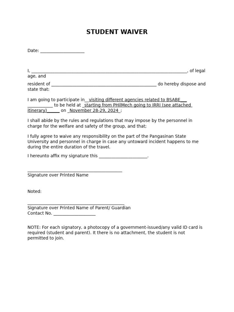 Student Waiver for Agency Visit 2024 | PDF