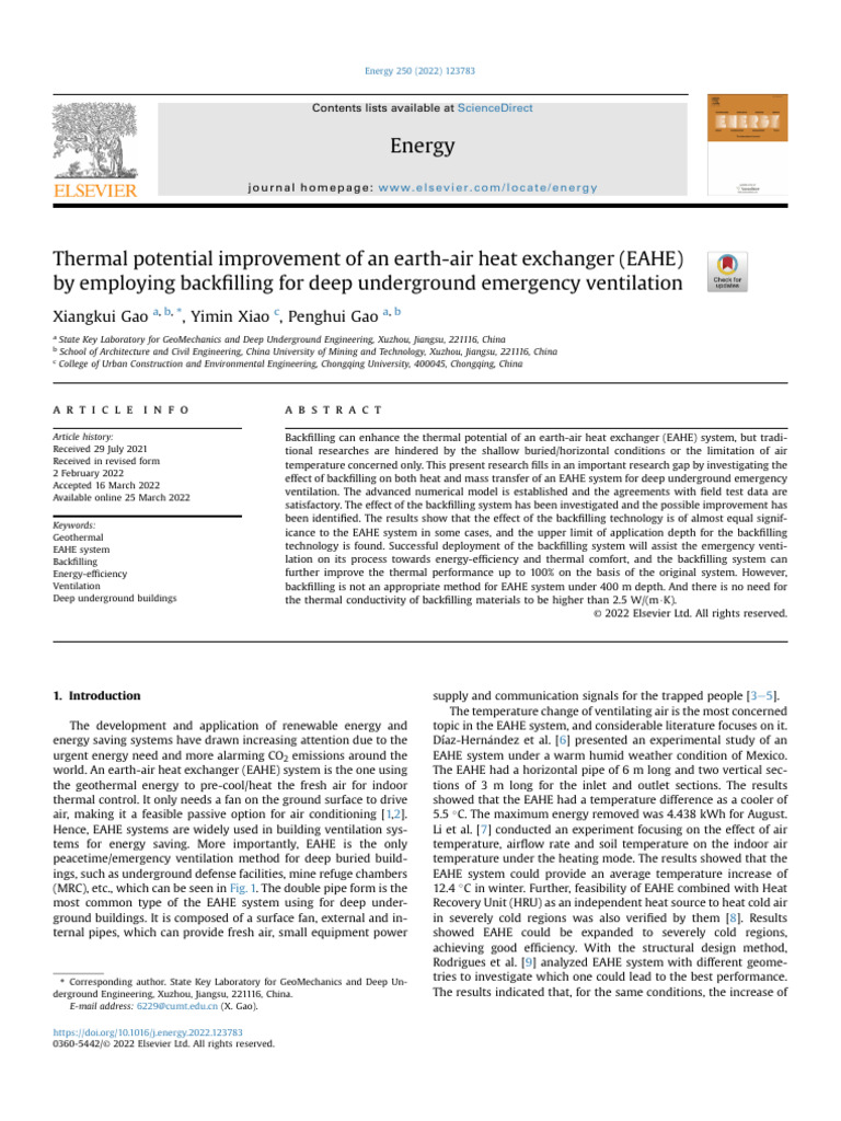 Thermal Potential Improvement of An Earth Air Heat Exchanger EAHE 2022 ...