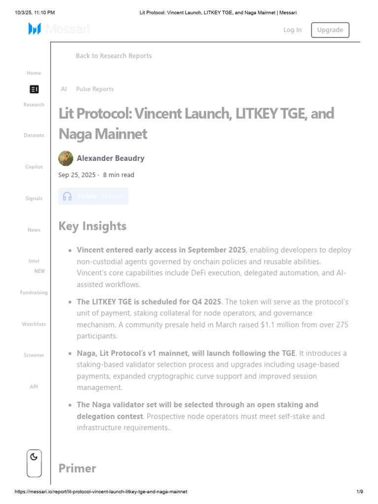 Lit Protocol - Vincent Launch, LITKEY TGE, and Naga Mainnet - Messari ...