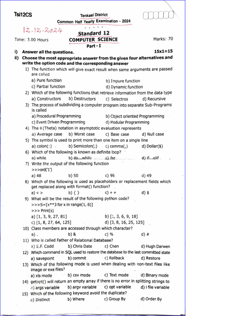 12th CS Half-Yearly Exam Paper 2024 | PDF | Computer Programming ...