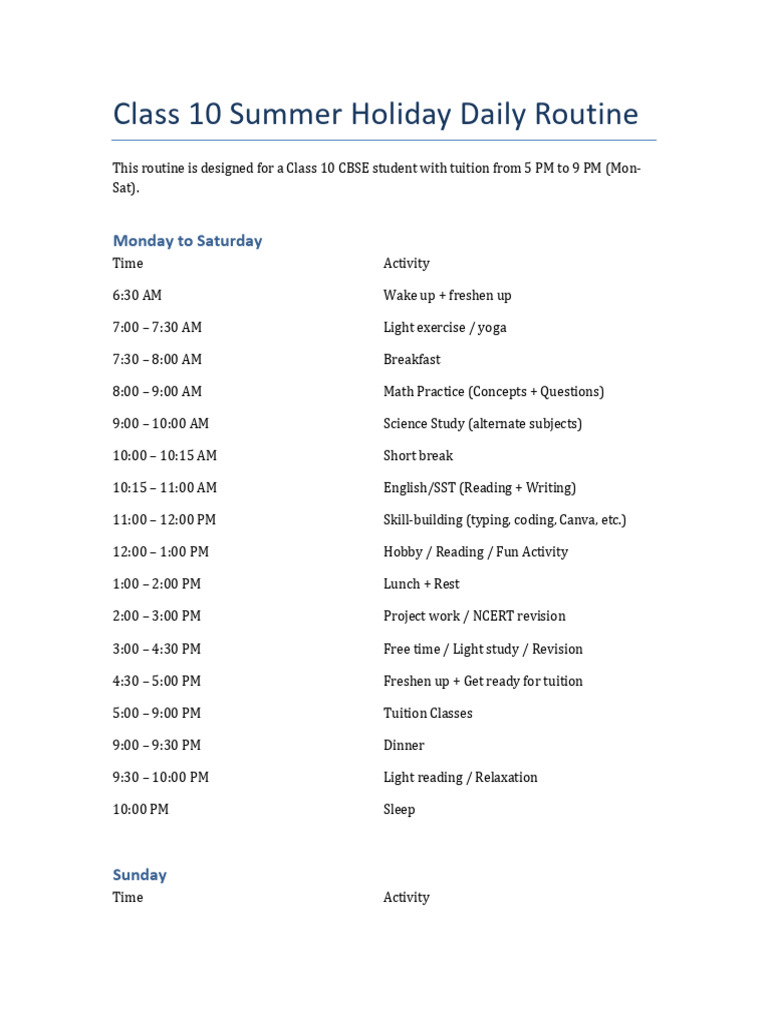 Class 10 Summer Daily Study Routine | PDF