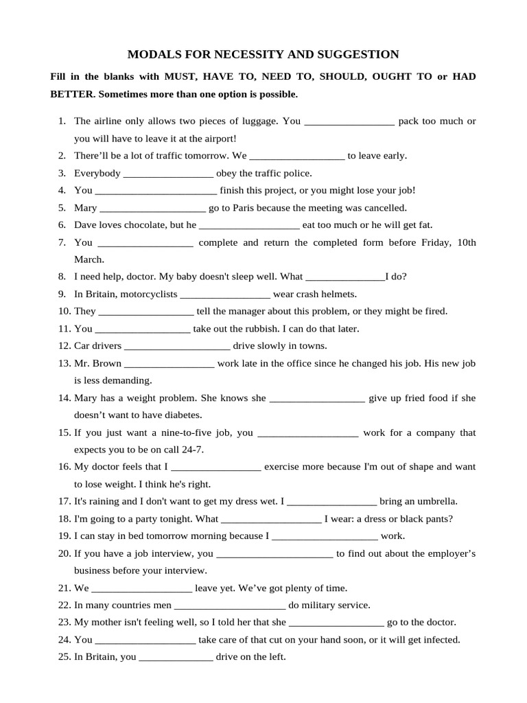 Modals For Necessity and Suggestion - Worksheet | PDF