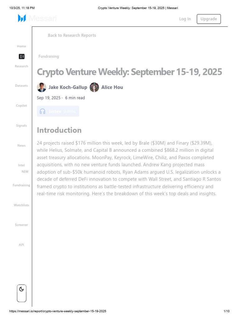 Crypto Venture Weekly - September 15-19, 2025 - Messari | PDF |  Cryptocurrency | Bitcoin