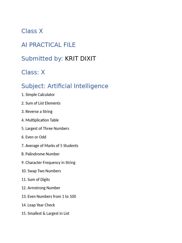 Class X AI Practical File Programs | PDF | Multiplication