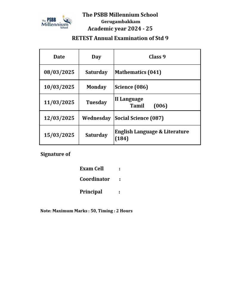 Std 9 Annual Exam Schedule 2024-25 | PDF