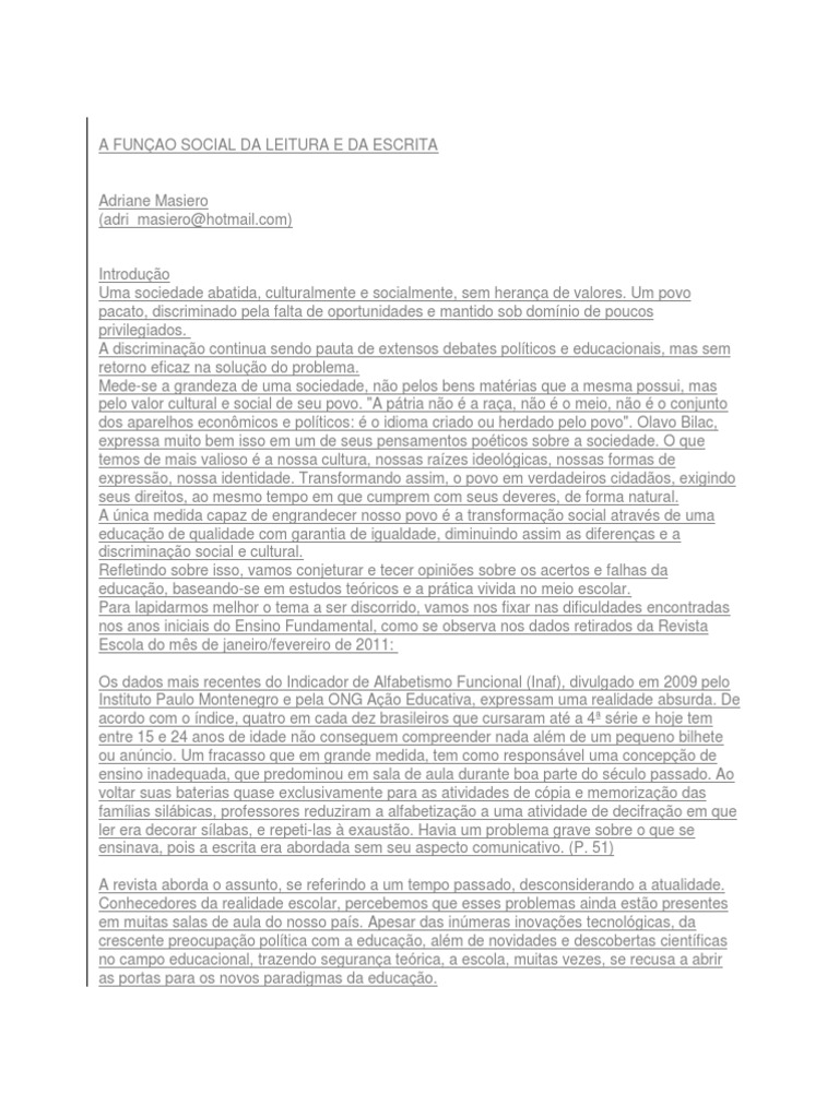 A Funçao Social Da Leitura e Da Escrita | PDF | Alfabetização | Aprendizado