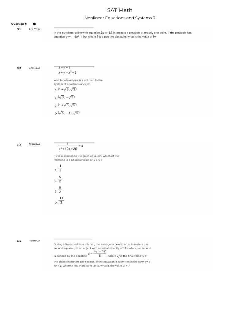 SAT Math Nonlinear Equations Guide | PDF