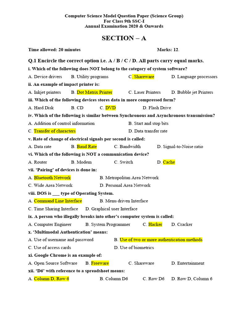 Class 9 Computer Science Exam Paper | PDF | Computer Network | Local ...
