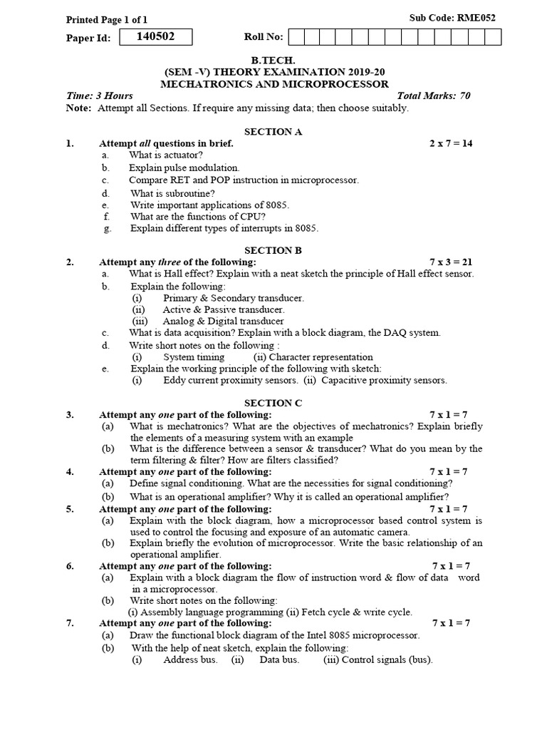 Mechatronics and Microprocessor Exam Guide | PDF | Microprocessor ...