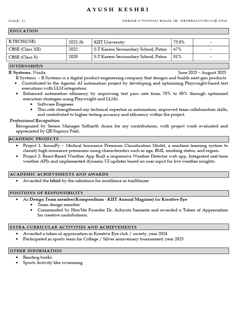 AYUSH KESHRI - Software Engineer Resume | PDF | Learning | Information ...