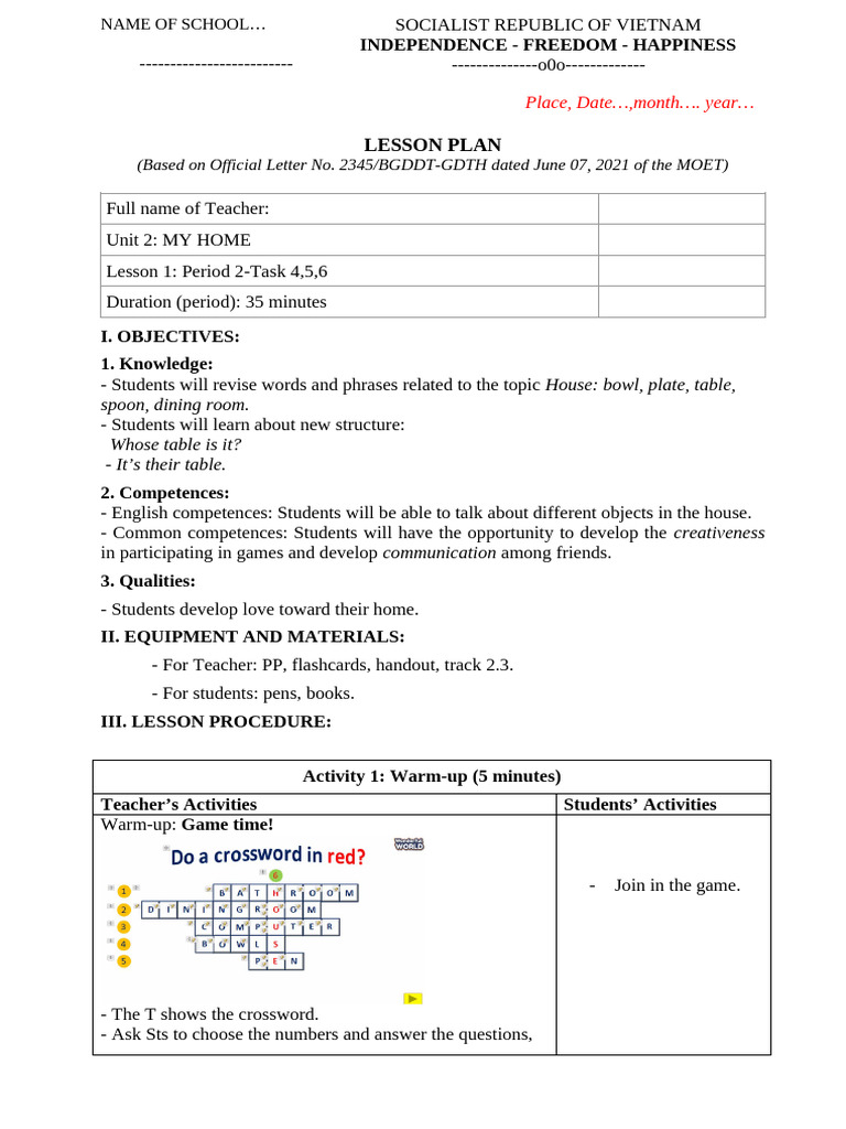 Lesson Plan: My Home Unit 2 | PDF | Learning | Human Communication