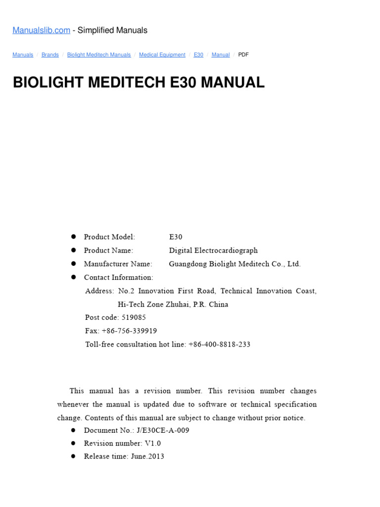 Biolight Meditech E30 ECG Manual | PDF | Electrocardiography ...