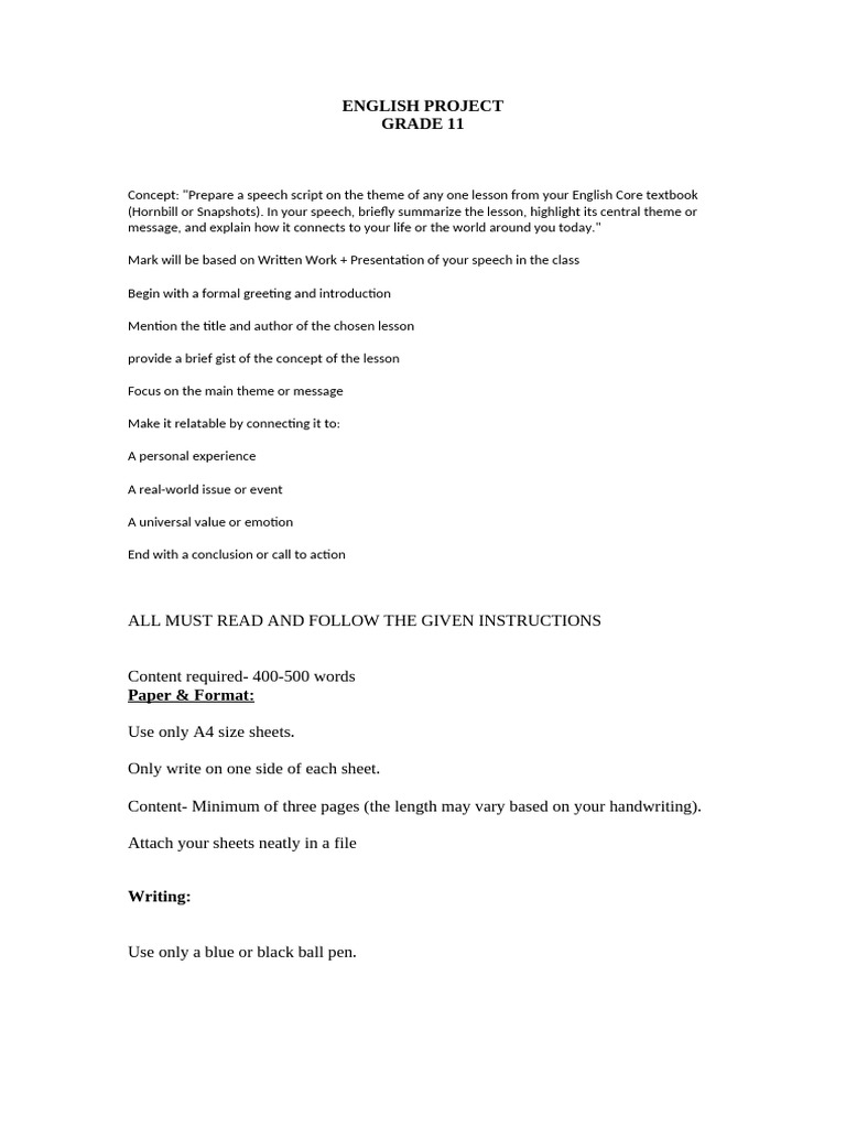 Grade 11 English Speech Project Guide | PDF