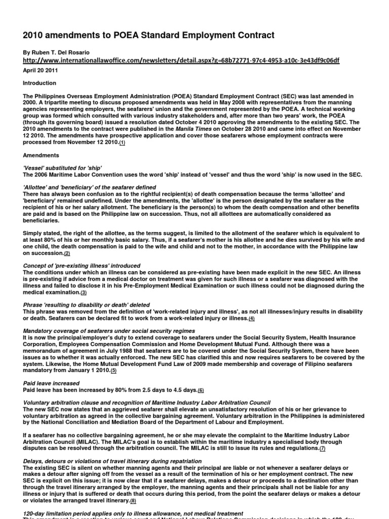 2010 Amendments to POEA Standard Employment Contract | PDF ...