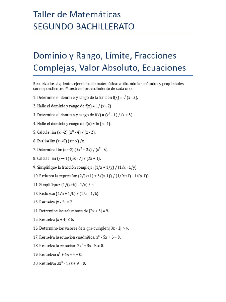 2do Rec Taller 20 Ejercicios Matematicas | PDF