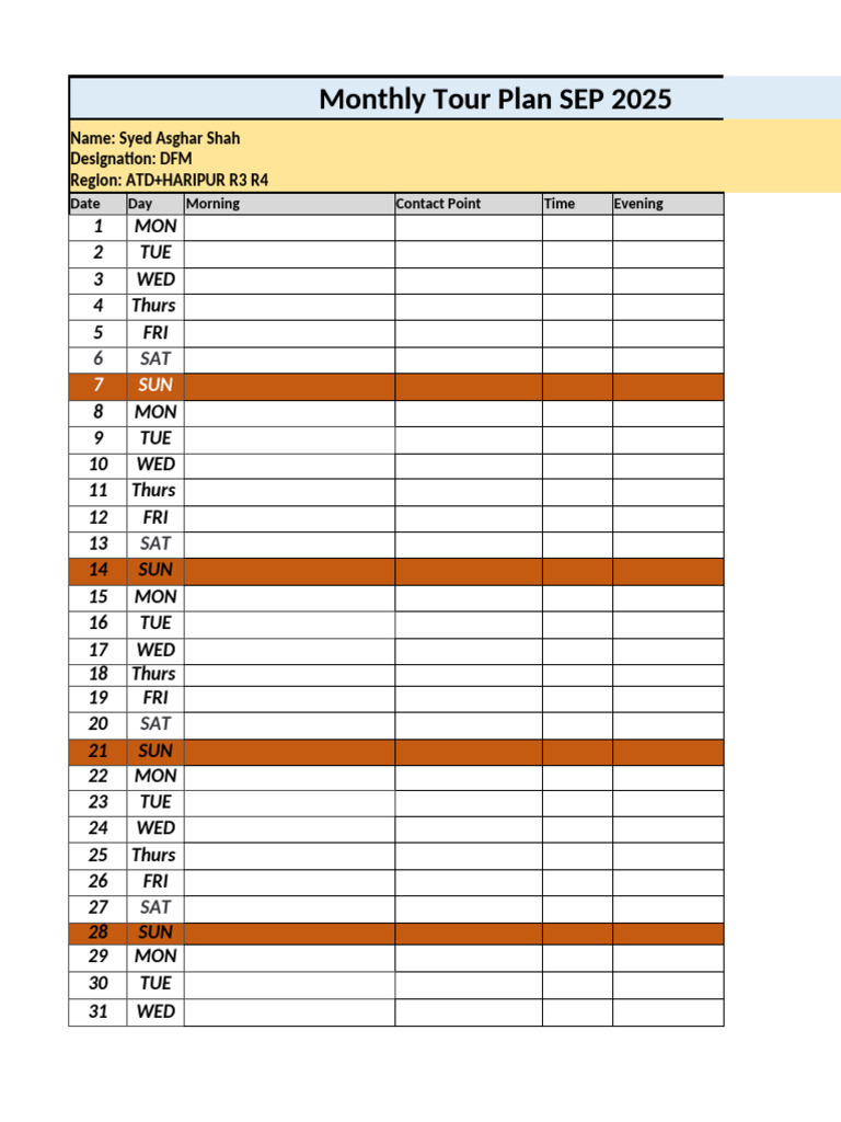 September 2025 Monthly Tour Plan | PDF