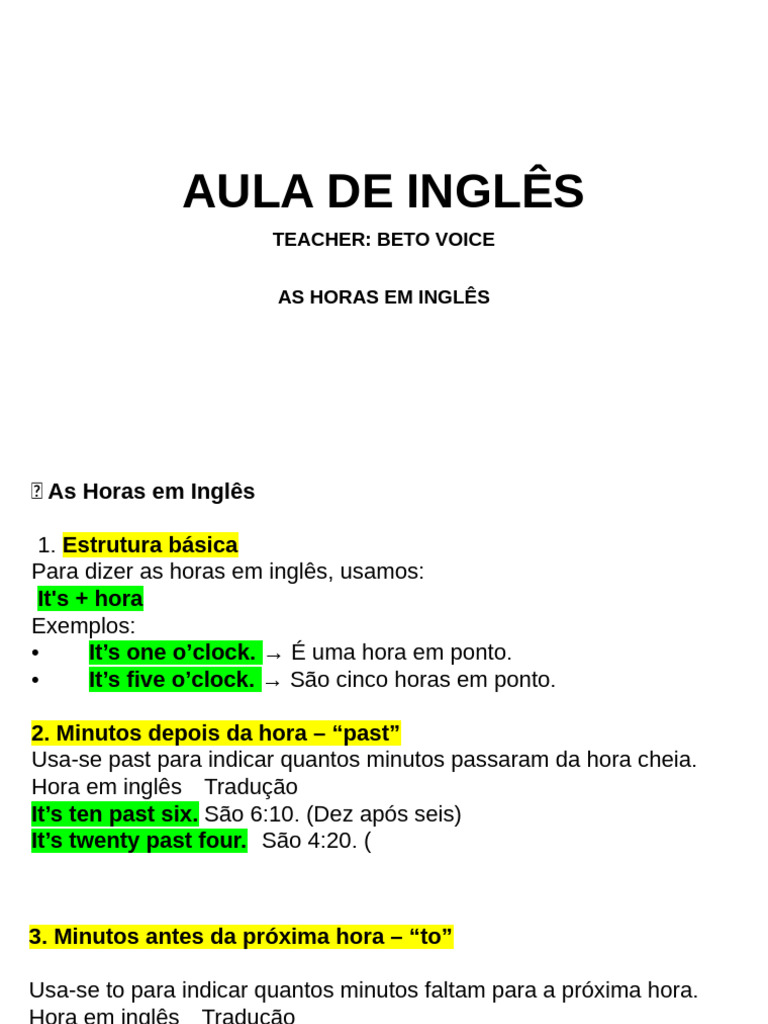 Aula de Inglês 26 de Setembro Ciclos 3 e 4 | PDF