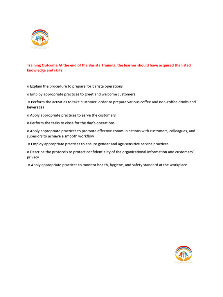 Barista Training Skills and Outcomes | PDF