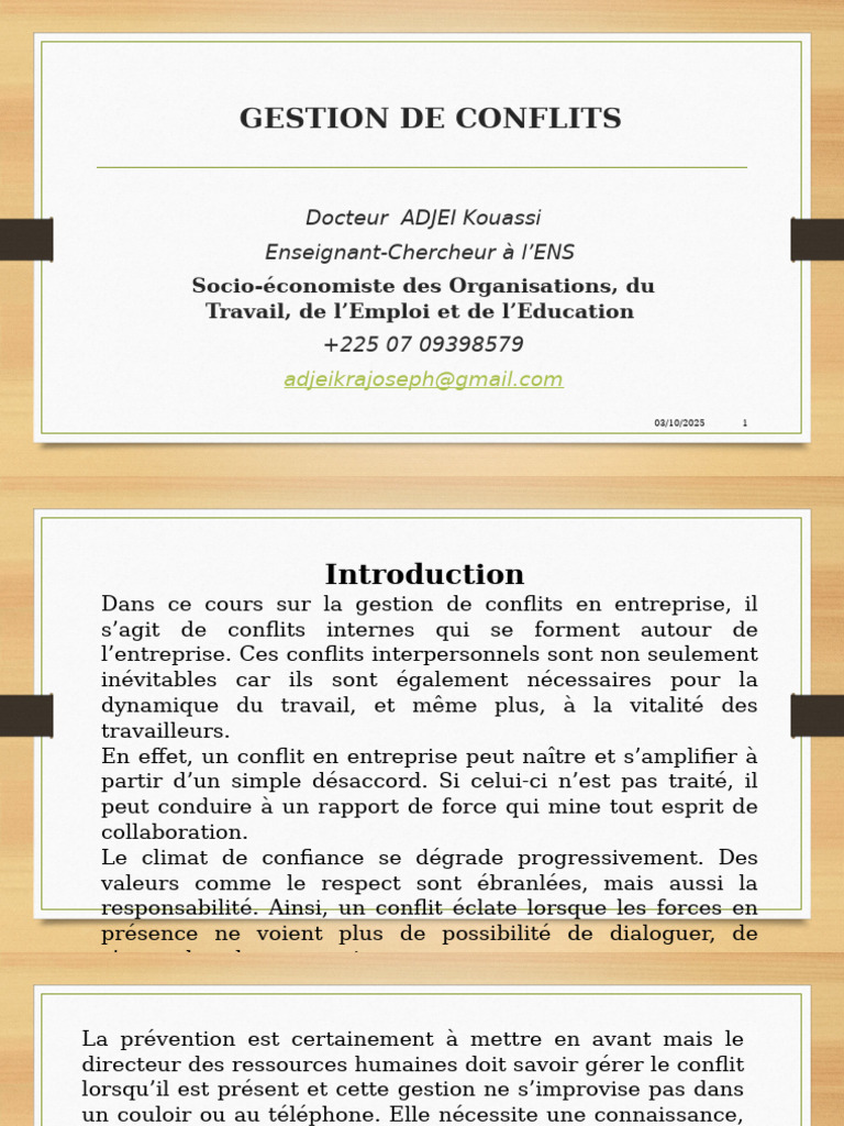 Gestion des Conflits en Entreprise | PDF | Résolution de conflit ...