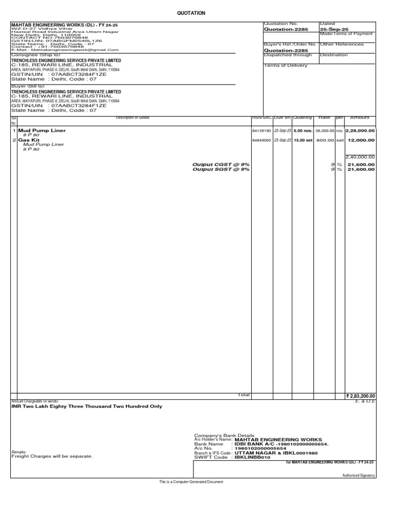 Quotation for Mahtab Engineering Works | PDF
