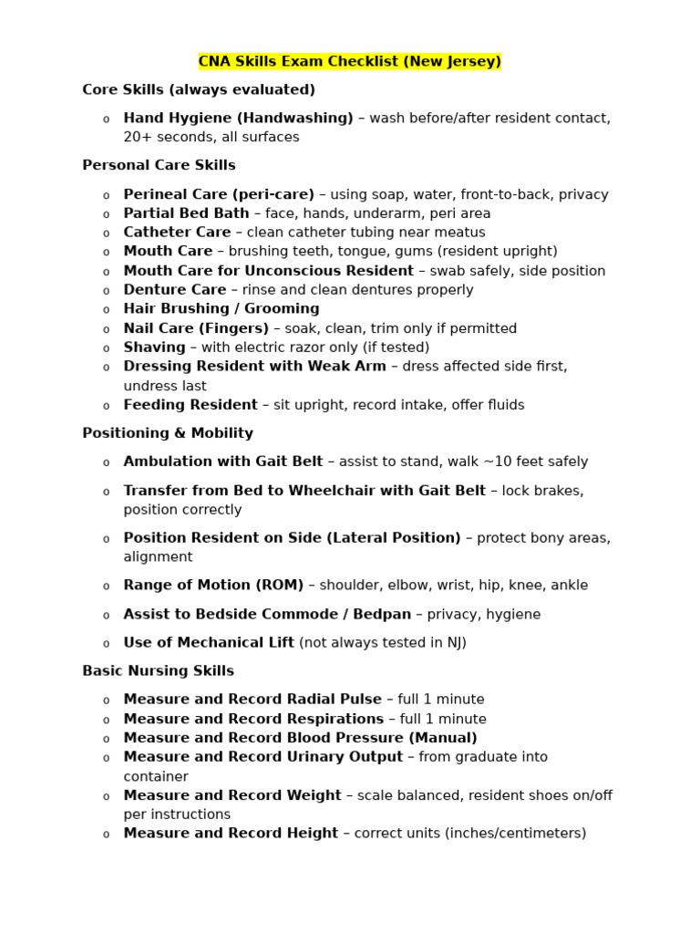 NJ Skills Exam Checklist | PDF | Hygiene | Shaving