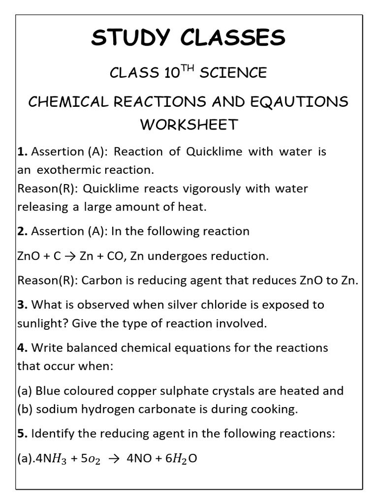 Chemical Reactions and Equations Worksheet PDF | PDF | Chemical ...