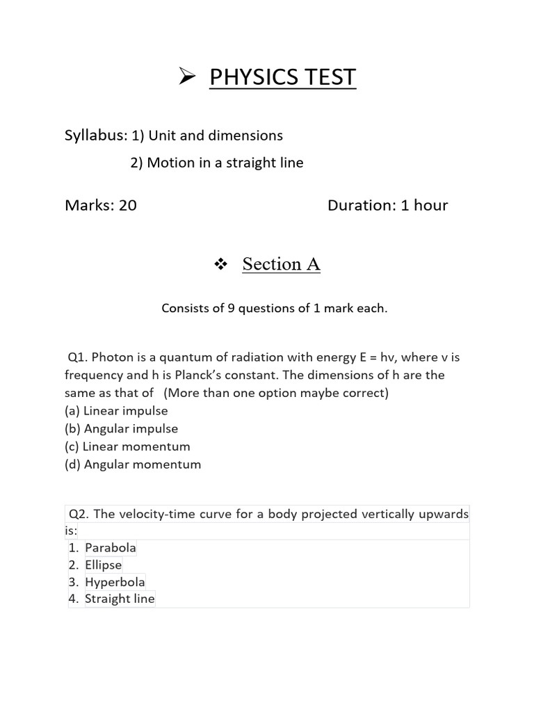 Physics Test: Motion & Dimensions | PDF | Speed | Applied And ...