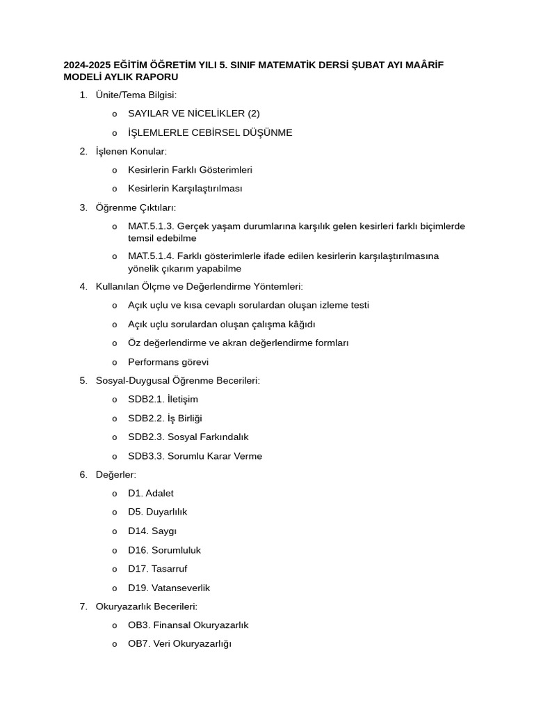 Şubat Ayı Maârif Modeli Aylık Raporu | PDF
